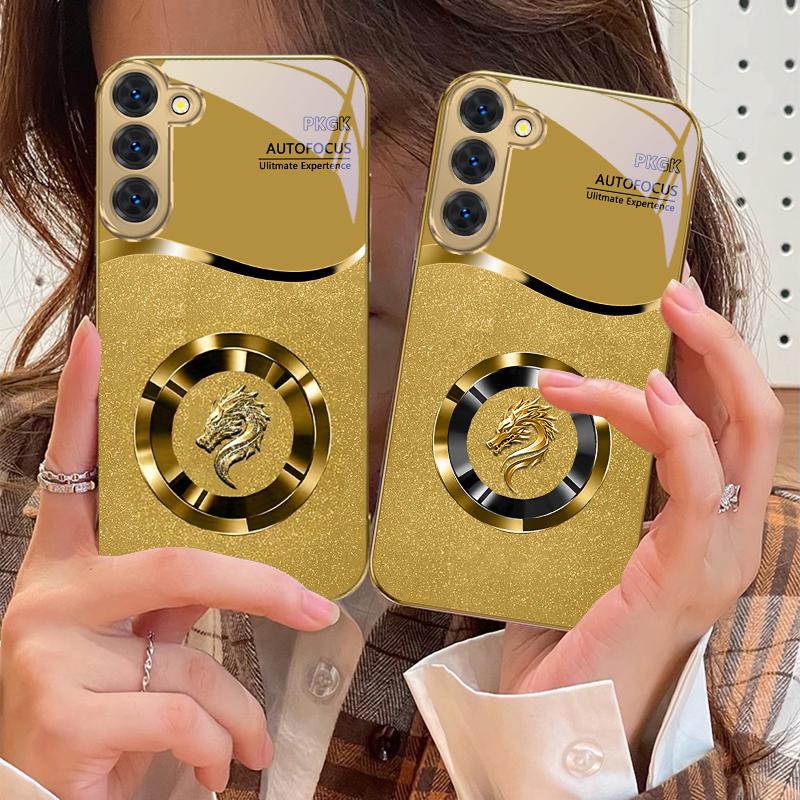 Brilliant Golden Ring For Samsung Galaxy S20 FE S21 S22 S23 Plus S24 Ultra 25Ultra S21+ S9+ S22Plus Golden Glass Phone Case