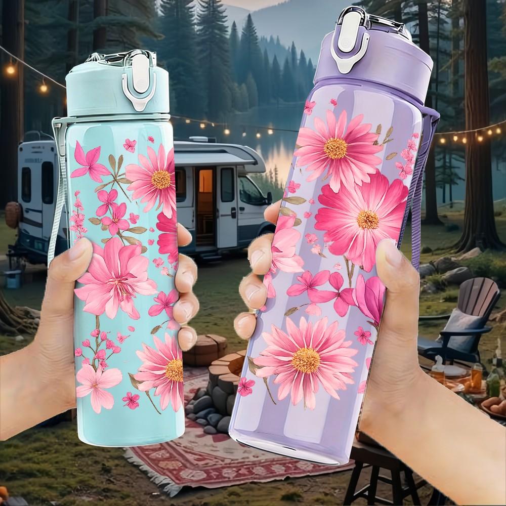 1PC Cluster Of Pink Wild Flowers Print 750ml Color Plastic Sports Water Bottle Leakproof Flip Straw Lid Suitable for Sports Office Home Use