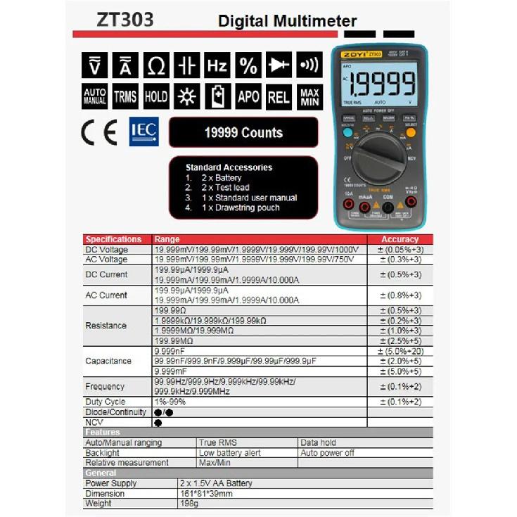 ZOYI Digital Multimeter ZT-X T-RMS Auto Range EBTN LCD Display DC/AC Voltmeter Ammeter Current Capacitor Ohm Temp Hz NCV Tester