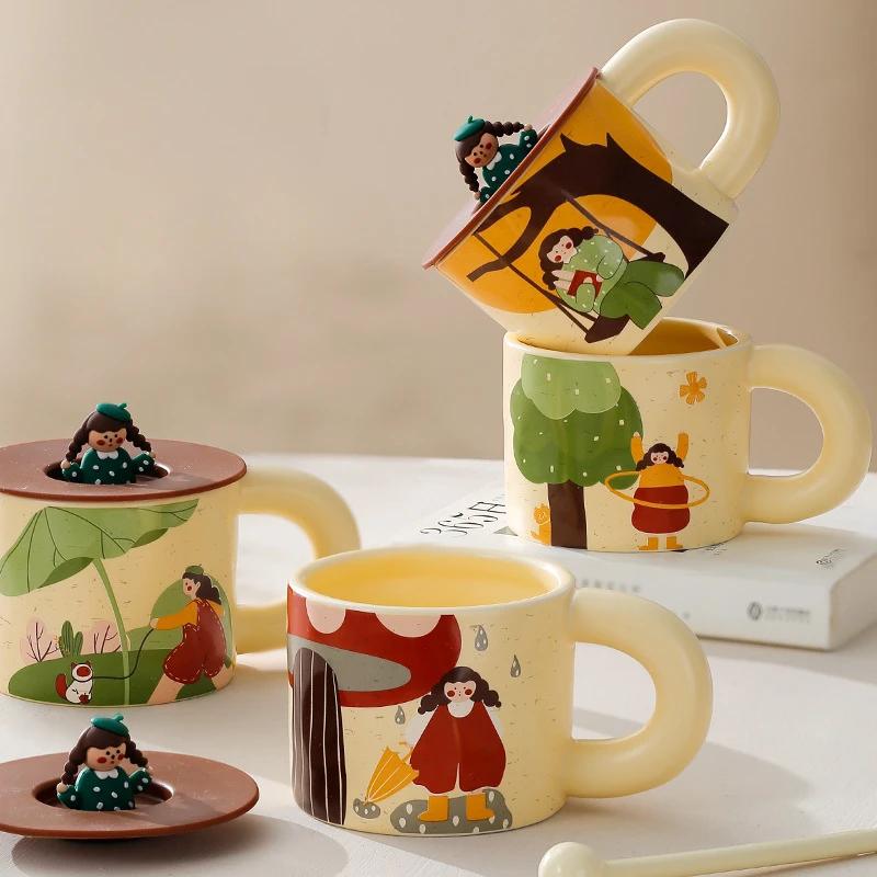 Retro Cartoon Ceramic Mug Ceramics Espresso Cup High-looking With Lid Mug for Coffee Creativity Personalized Gift Teaware Cafes