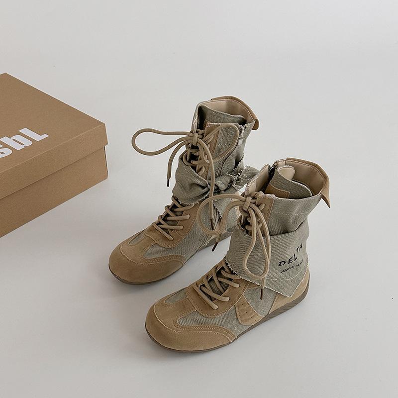 Versatile retro style splicing design sense boots women's autumn and winter fashion color matching lace-up thick-soled tooling boots short boots