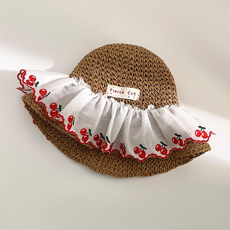 Sweet Cute Cherry Lace Edge Straw Hat For Women Summer Hollow Seaside Beach Vacation Big Brim Sunshade Cap Sun Cap