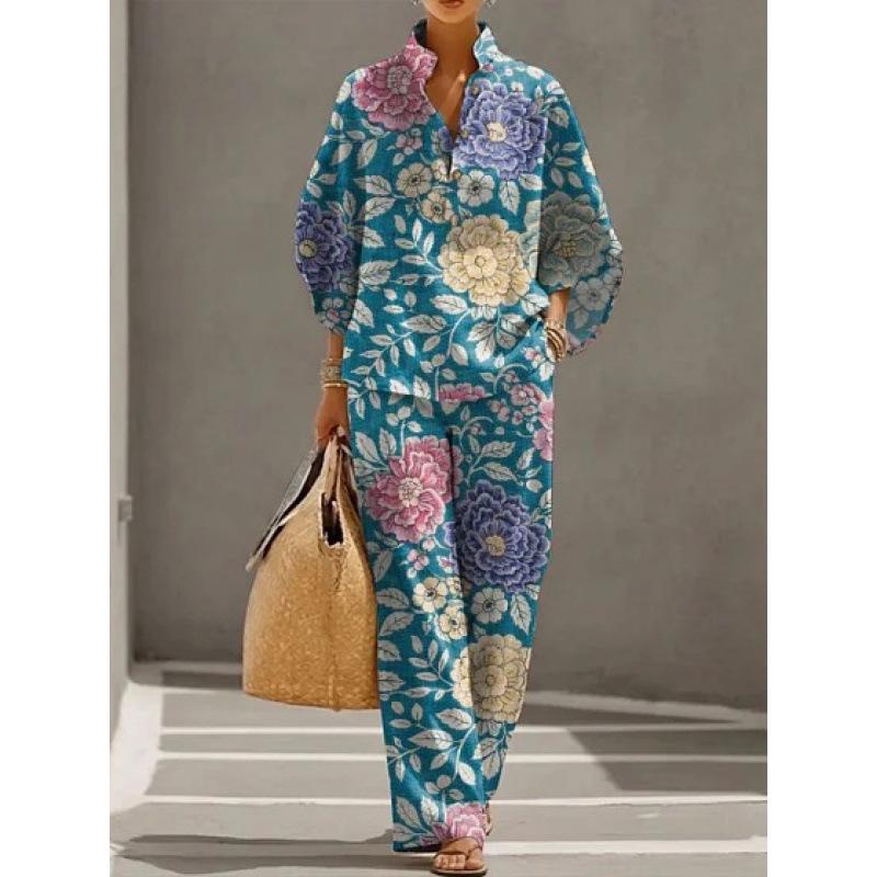European and American Vintage Heavy Industry Floral Print Two-piece Set: Stand-collar Polo Shirt + Wide-leg Pants Loose Casual Vacation Set