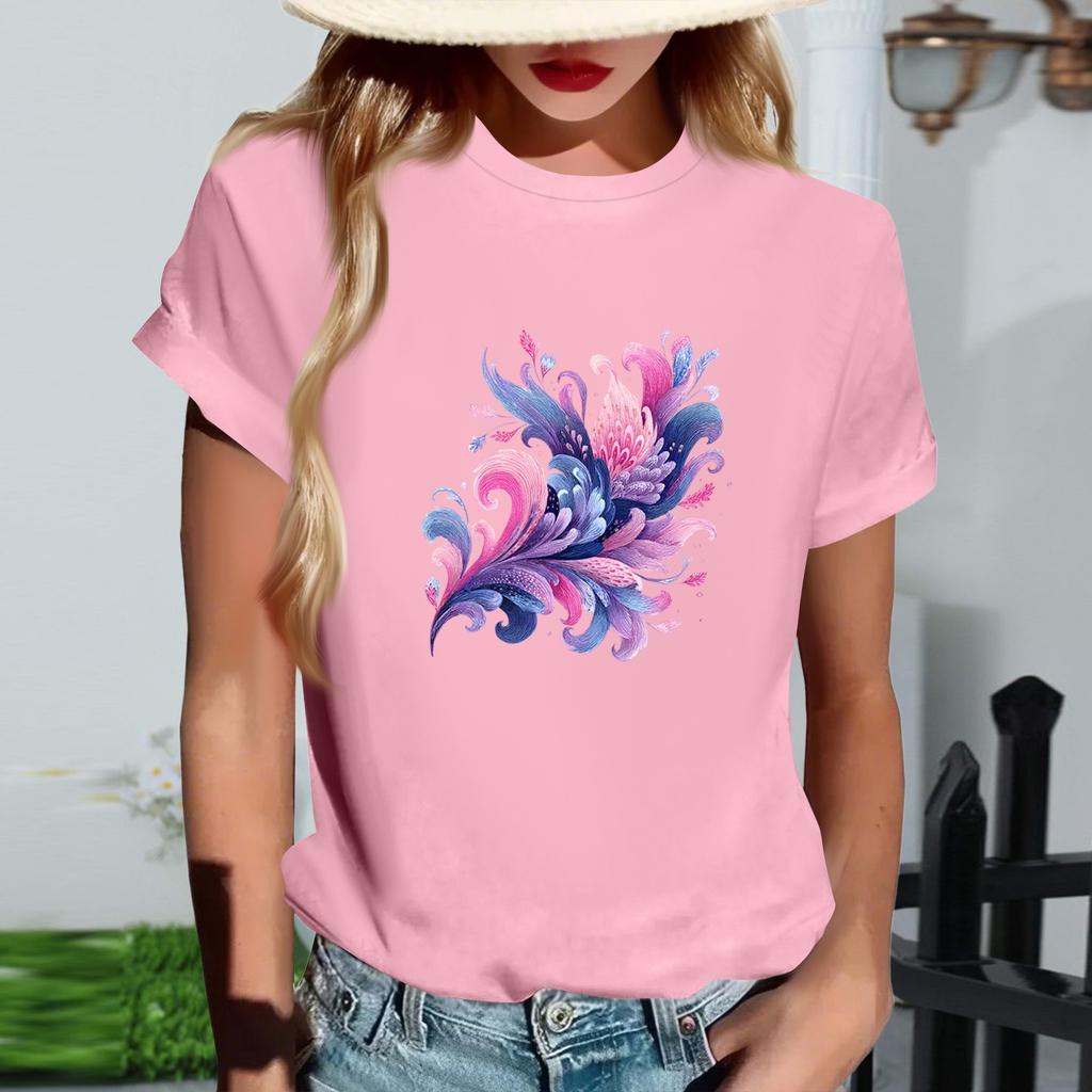 Women's Fashionable Round Neck Casual Retro Print Short Sleeved T-shirt Top