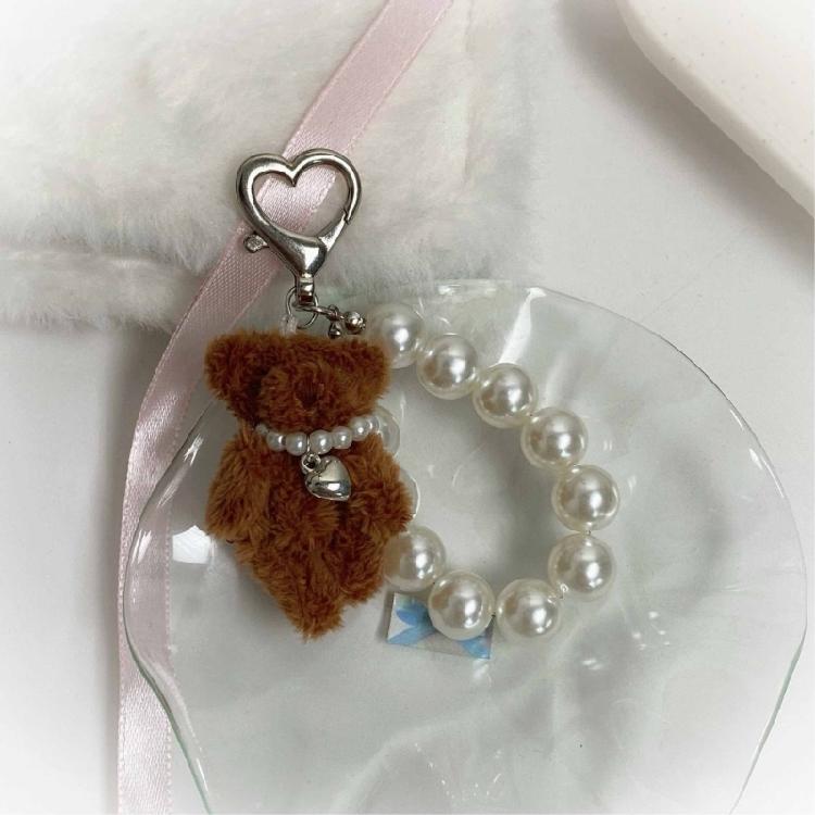 Soft Bear Keychain with Heart and Imitation Pearls Detailing Plush Bag Pendant Accessory Gift for Women and Ladies