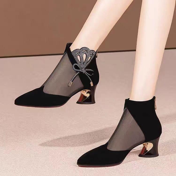 Baotou High-heeled Cool Boots Women's Thick-heeled Mesh Hollowed-out Sandals Women's Summer New Fashion Rhinestone Bow Versatile Net Boots