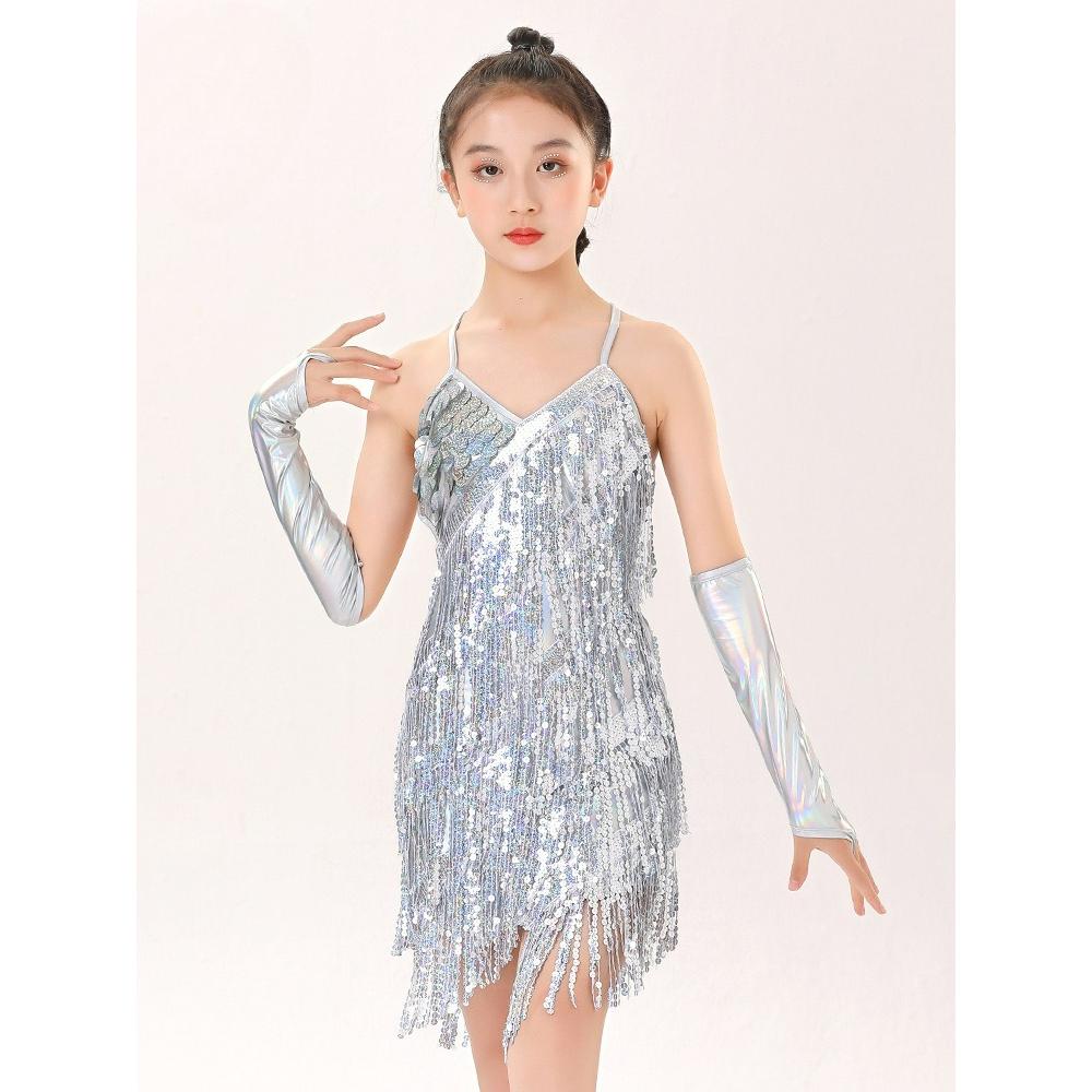 Abito Latino Jazz Scintillante con Paillettes e Frange per Bambine e Ragazze con Guanti Outfit Costumi per Gara di Danza di Sala Prove