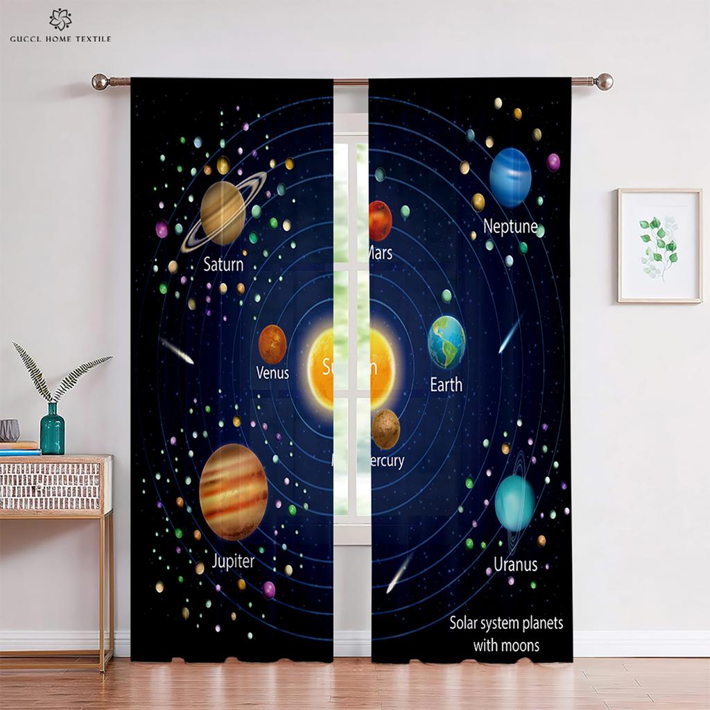 Custom Cartoon Animation Window Drapes, Universe Star Pattern, Bedroom, Living Room, Kitchen Decorative Curtains, 2 Pieces