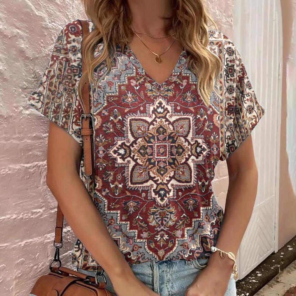 Modisches Bedrucktes Damen Kurzarm V-Ausschnitt Oberteil Vielseitige T-Shirts Damen