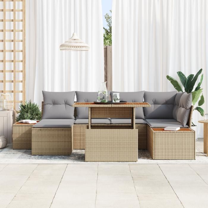 VidaXL Ensemble de salle à manger de jardin 7 pièces avec coussins en poly rotin beige et acacia 3350087