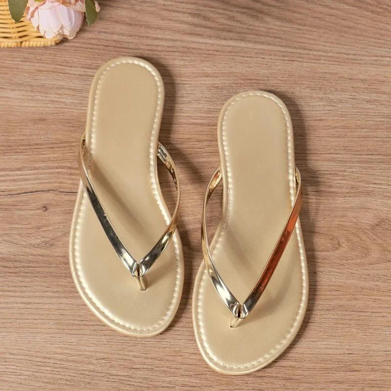 2025 Fashion Solid Color Casual Slippers Summer Comfortable Silver Gold Women's Shoes Beach Home Flat Simple Women's Slippers