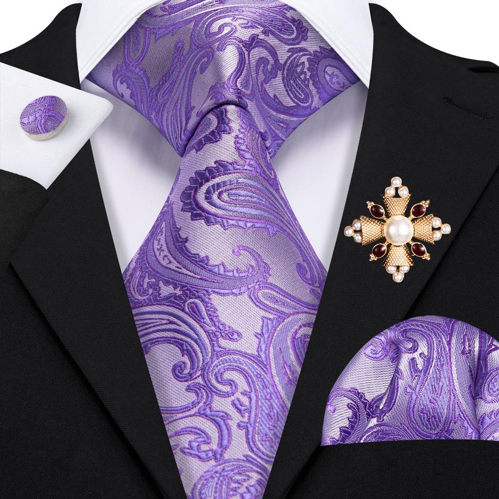 Pearl Brooch with Silk Tie for Men Vintage Floral Teal Necktie Hanky Cufflinks Gift Formal Set