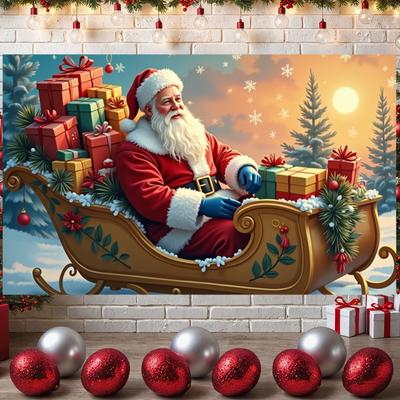 Christmas Banner Sunset Backdrop Santa Claus Display Xmas Background Green Pine Branches Xmas Decoration Banner For Home Decor