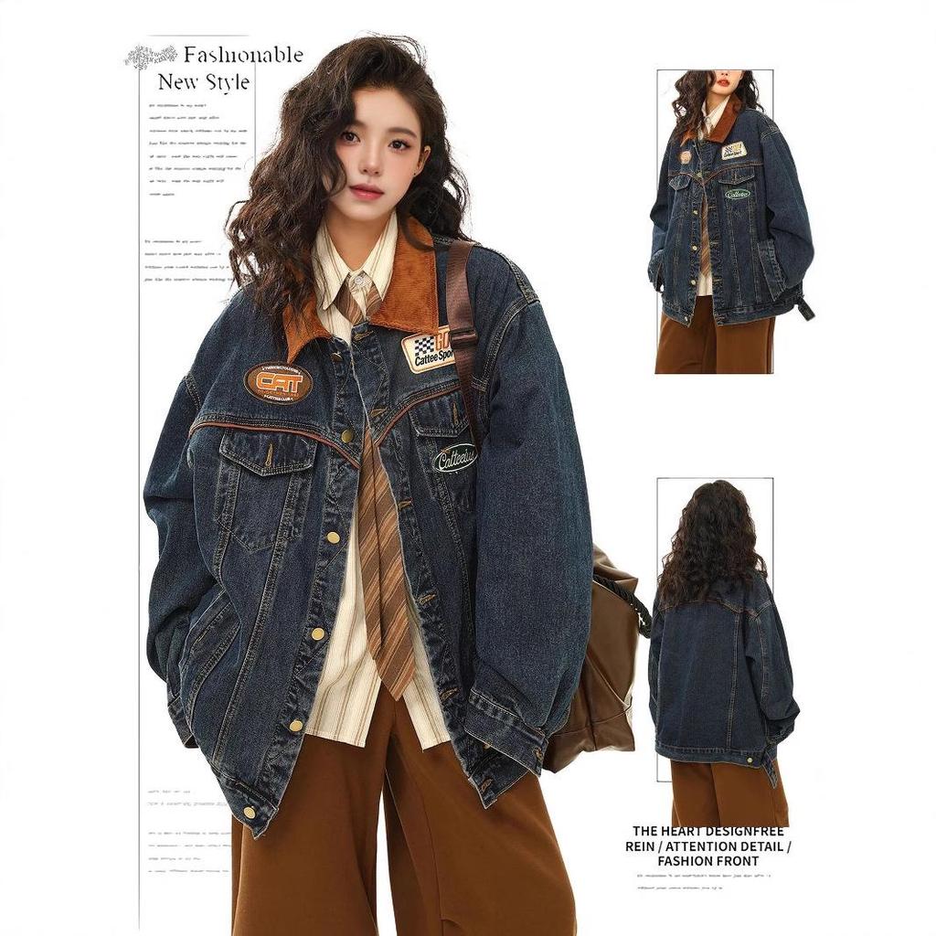 Women's Retro High Street Embroidered Denim Motorcycle Jacket - Spring/Autumn Oversized Lapel Top