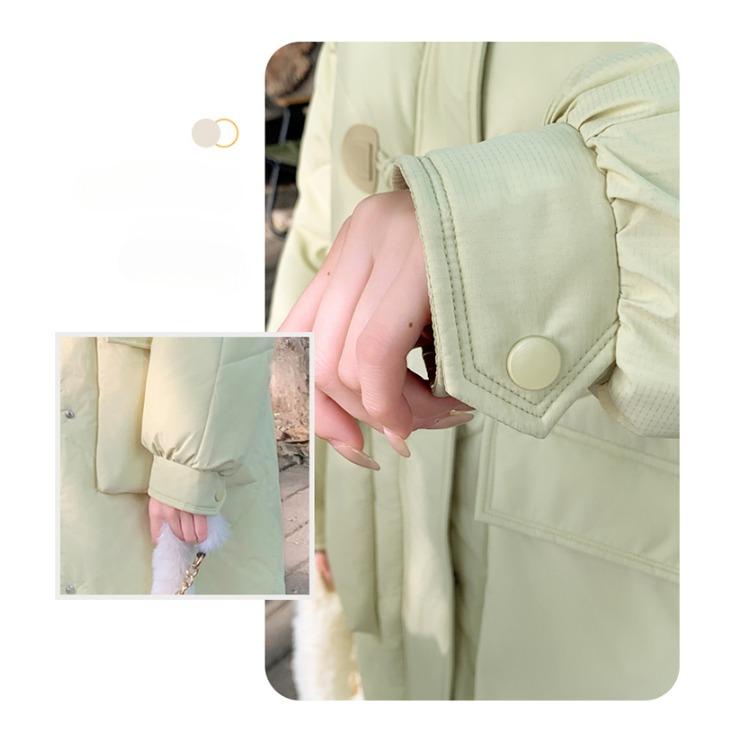 Thickened Korean Bread Coat with Pockets; Fashionable Green Feather Cotton Coat with Hood and Long Design for Winter