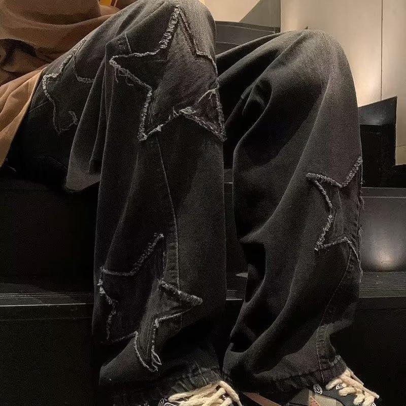 Star Embroidery Straight Casual Men Jeans Wide Leg Loose Hip Hop Fashion Youth Streetwear Denim Trouser