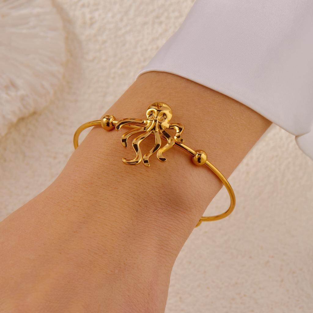 Vacation Style Stainless Steel Cuff Bangle for Women Gold Color Adjustable Conch Octopus Turtle Bracelet Beach Party Jewelry
