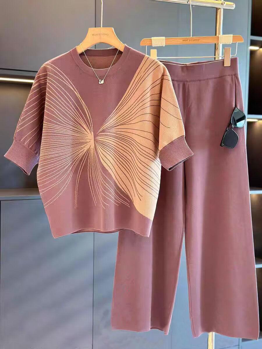 

Fashion Casual Suits for Women Mid-Sleeve Casual Suits Spring & Summer New Arrivals Elegant Wide-Leg Pants Knit Two-Piece Set One size
