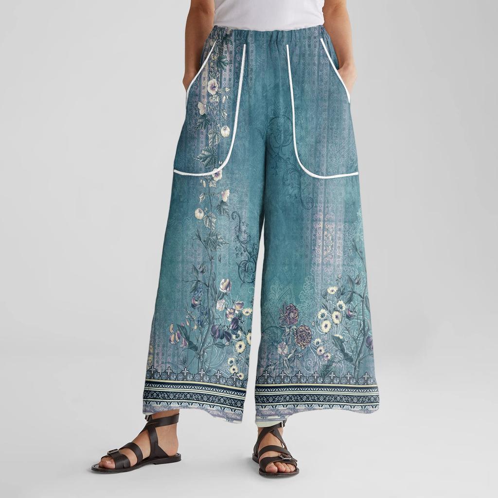 Damen Wide Leg Hose mit elastischem Bund, Retro-Print, großen aufgesetzten Taschen, Patchwork, lockere Hose