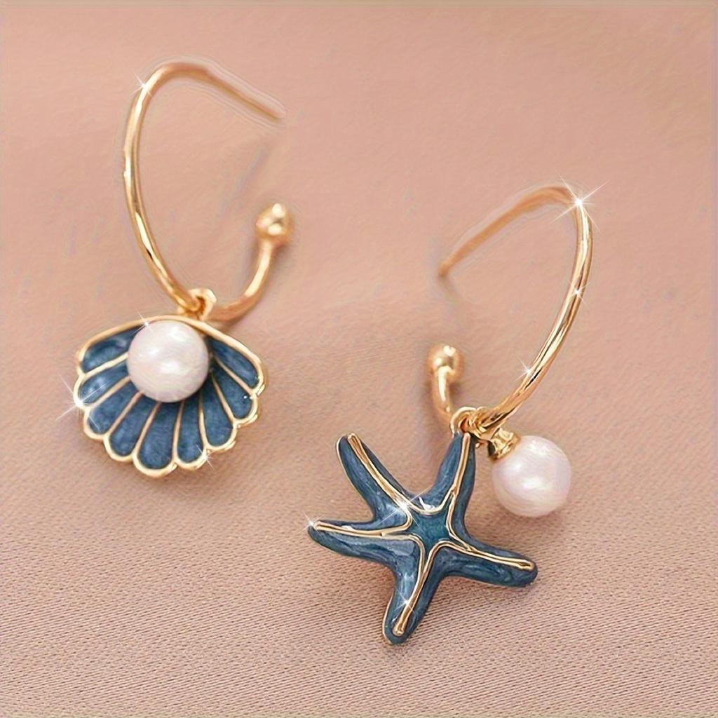Shell Starfish Pendant Earrings for Women, Vintage Imitation Pearl Dangle Jewelry Daily Valentine Gift