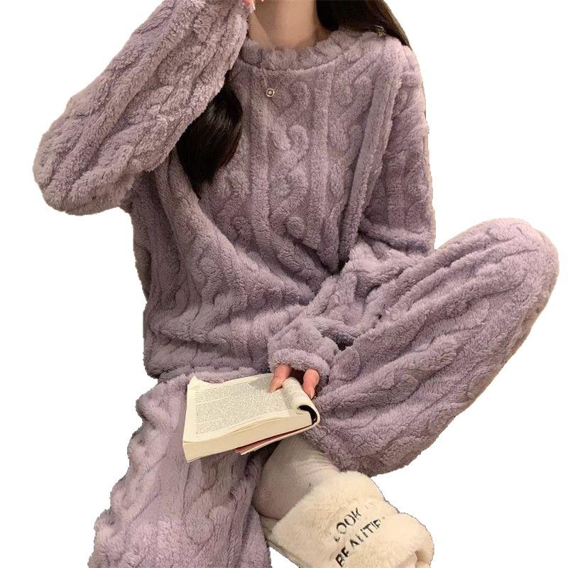 Women's Cable Knit Coral Fleece Warm Pajama Set for Autumn/Winter