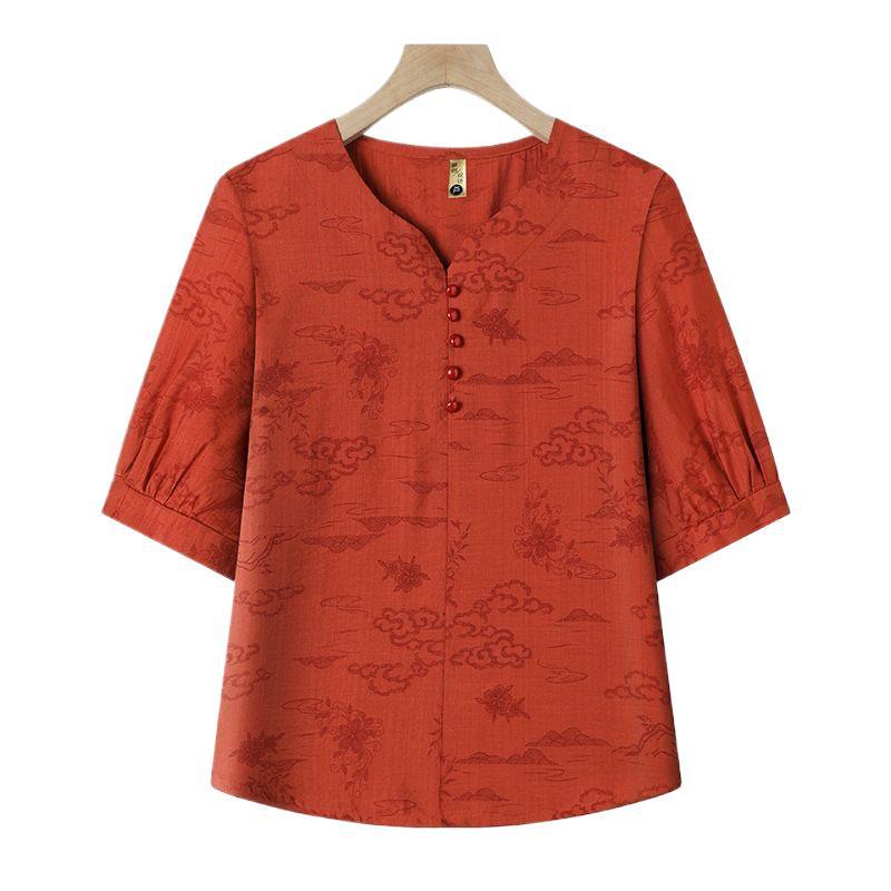 Zweiteiliges Baumwoll-Leinen-T-Shirt-Set für ältere Damen im ethnischen Stil - Omas Sommerstil