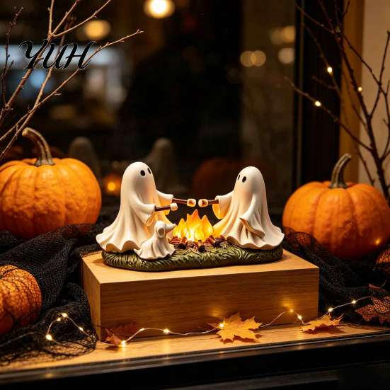 Decorative Lighted Night Light Ghost Roasted Marshmallows LED Ornament, Durable Resin Cute Halloween Desktop Small Shelf Display Statue Craft,