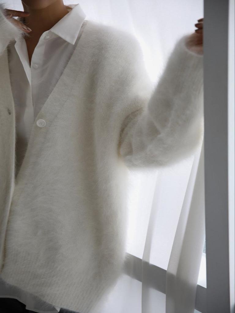 Women's 2025 Autumn Winter Faux Mink Knit Cardigan V Neck Long Sleeve Loose Casual Sweater Coat