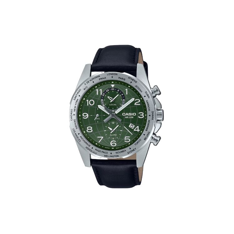 Casio Standard Series 50M Water Resistant Quartz Watch Leather Strap Men watches Green MTP-W500L-3AV Green Dial