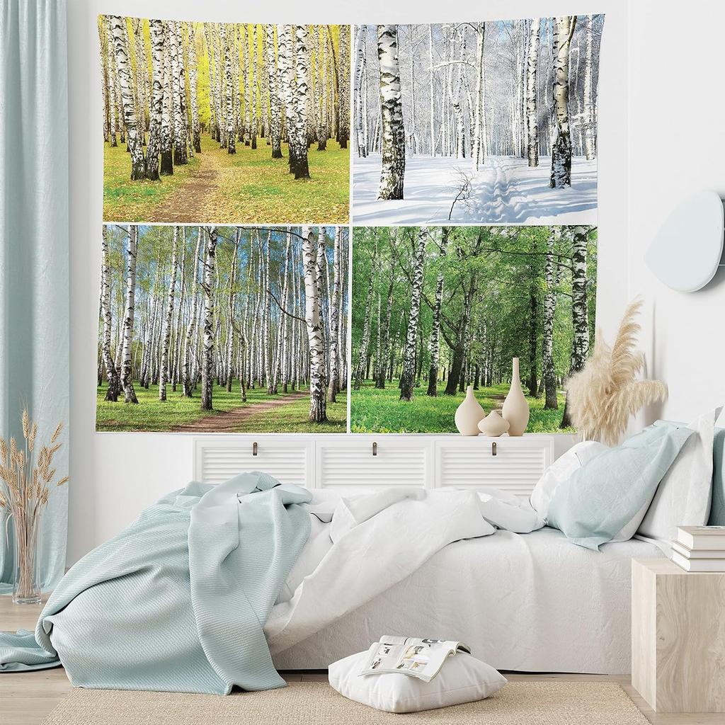 Fall Tapestry, Vibrant Misty Day in Forest Sun Rays Trees Foliage Fallen Leaves Calm View, Wide Wall Hanging for Bedroom Living