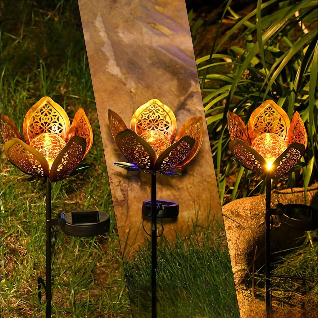 Outdoor Solar Tulip Light Crackle Globe Glass Metal Flower Decoration Lamp Hollow Petal Stake Light for Patio Yard Lawn Walkway