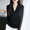 Women's V-Neck Long Sleeve Mesh Base Layer Top - Fashionable Age-Defying Crossover Neck Solid Color T-Shirt