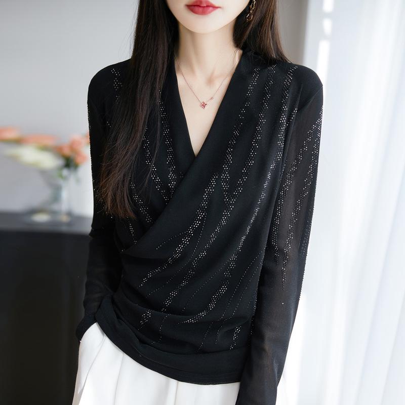 Women's V-Neck Long Sleeve Mesh Base Layer Top - Fashionable Age-Defying Crossover Neck Solid Color T-Shirt