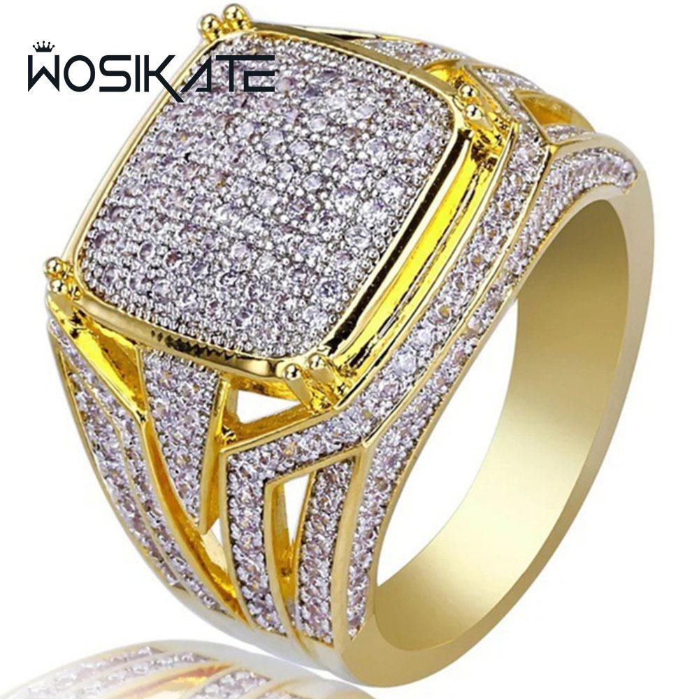 WOSIKATE Luxury 18K Gold-plated Square Ring For Men Fully Inlaid With Zirconia Two-tone Engagement Finger Ring Fashion Jewelry