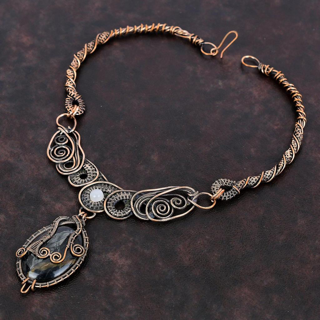 Picasso Jasper Necklace Copper Wire Wrapped Necklace Rainbow Moonstone Necklace Copper Wire Jewelry Handmade Gemstone Necklace Gift For Her