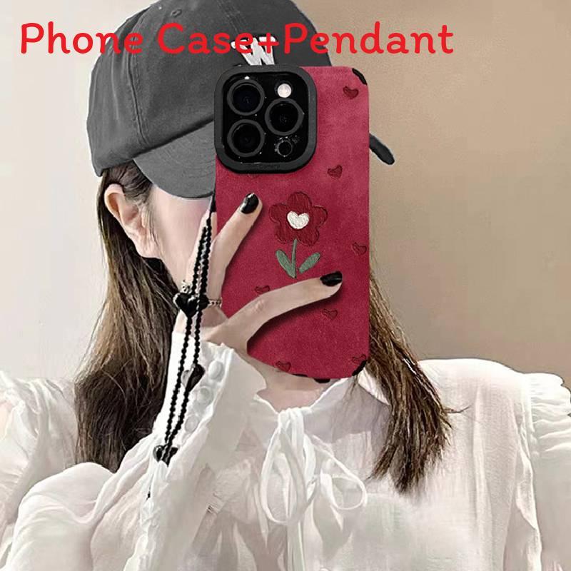 

Heart Small Red Flower Silicone Soft Case With Love Chain For Gift For Teens iphone 16 plus червоний