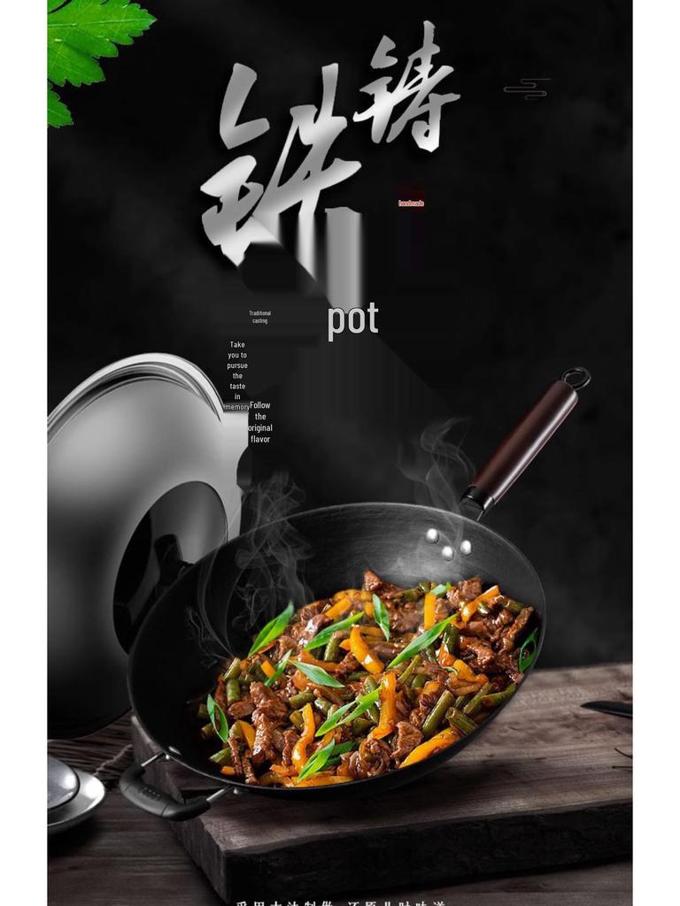 Klassischer runder Gusseisen-Wok mit flachem Boden zum Pfannenrühren