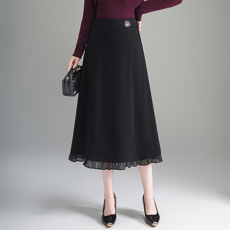 2026 Spring Elegant High Waist A-Line Midi Skirt with Wood Ear Lace Patchwork
