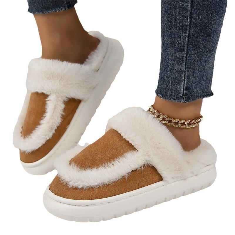 Winter Women Platform Fur Slippers Warm New Short Plush Flats Home Cotton Shoes Suede Slippers