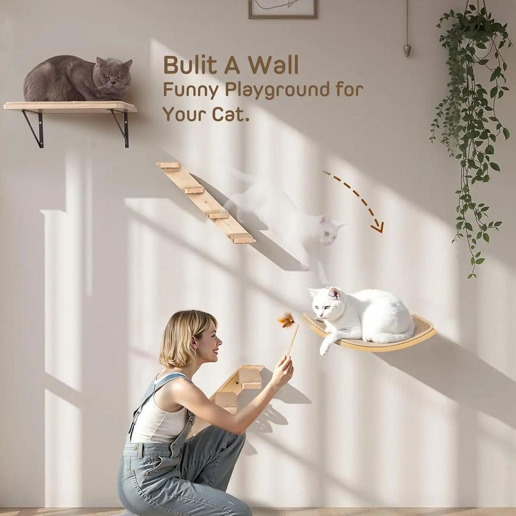 1pc Wall-mounted Cat Furniture Set Scratching and Climbing Post Hammock Bed Wooden Stairway Shelves Indoor House for Kittens