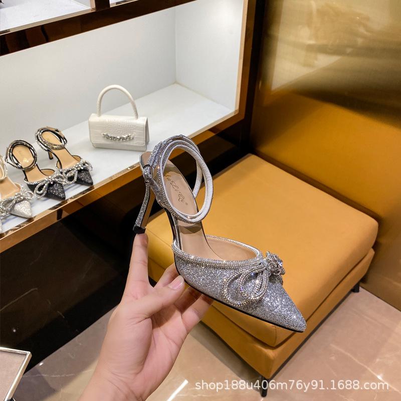 [Spot] High-heeled Women's 2025 New Pointed Rhinestone Bow Design Sense Niche Thin-heeled Sandals Women