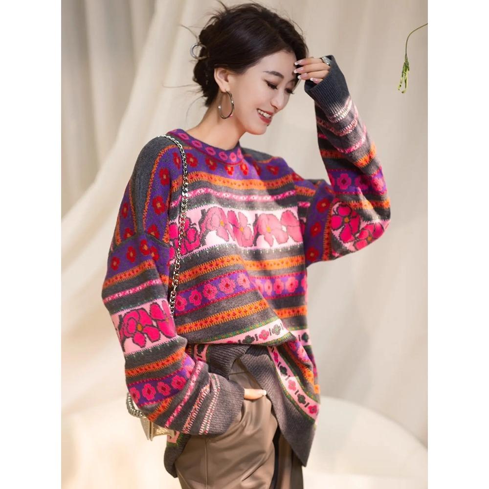 Spring Women Colorful Pink Sweaters Knitting Basic Fashion O-Neck Style Loose Pullover Sweater