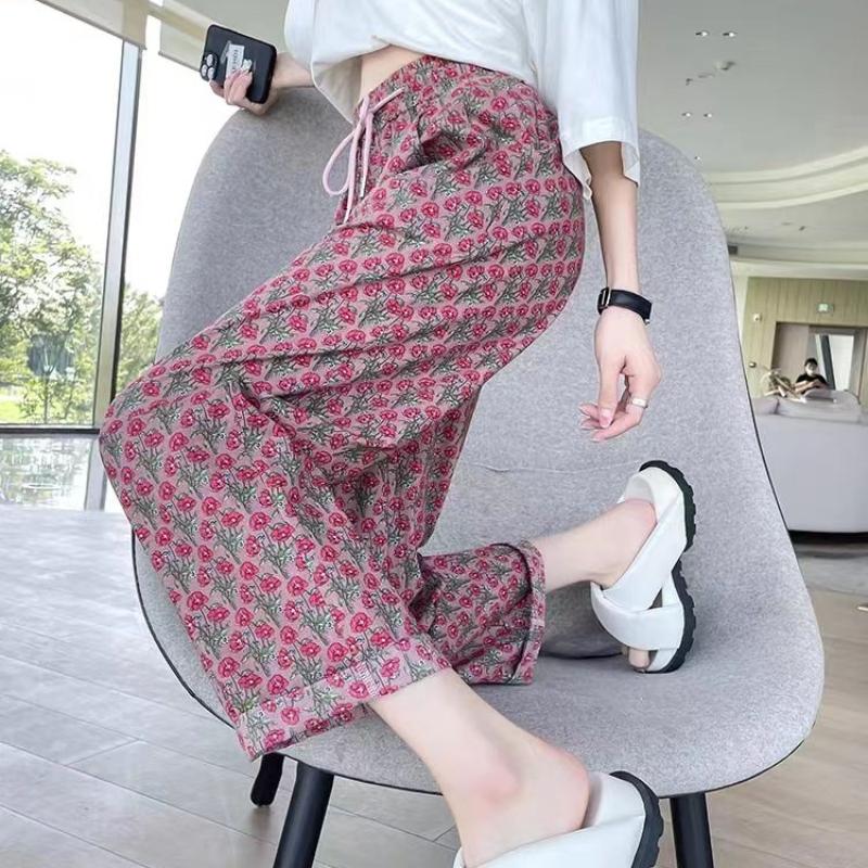Summer Thin Floral Pants High Waist Loose Nine - Tenths Slimming Casual Wide Leg Straight Beach Pants for Outwear