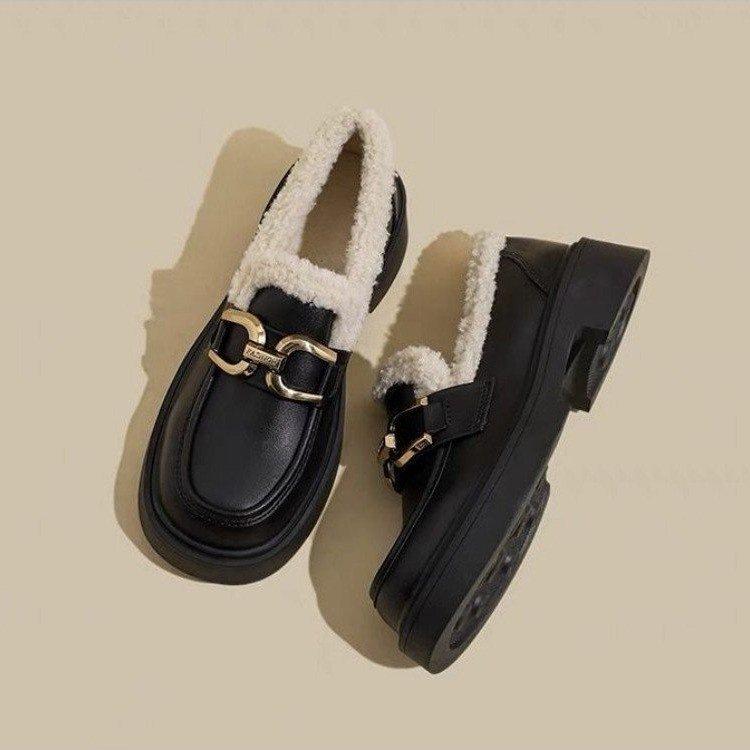 Black thick-soled thick-heeled small leather shoes, new retro British style velvet thermal cotton shoes in autumn and winter