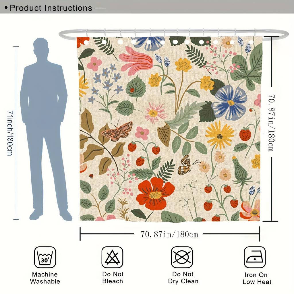 1 Vintage Floral Shower Curtain - Colorful floral and butterfly pattern, machine washable polyester, hooks included