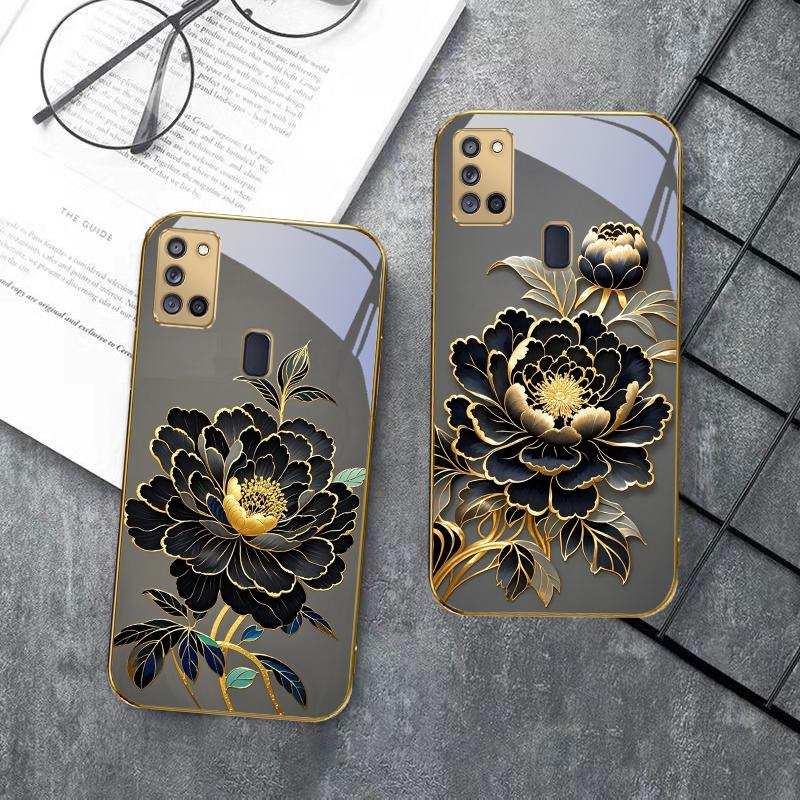 Black Gold Peony Flower For Samsung A 31 32 A33 A34 35 14 A15 13 16 25 26 50 52 53 54 55 56 70 71 72 73 Golden glass phone case