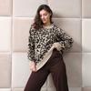 Women's Autumn and Winter Leopard Print Jacquard Crew Neck Knitted Sweater Loose Shoulder Lantern Sleeve Casual Pullover
