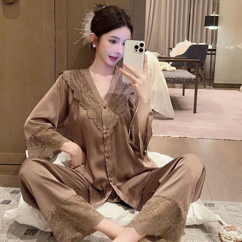 New Ice Silk Pajamas Women's Spring and Autumn High-end Light Luxury French Lace Suit Long-sleeved Cardigan Can Be Worn Outside Loungewear