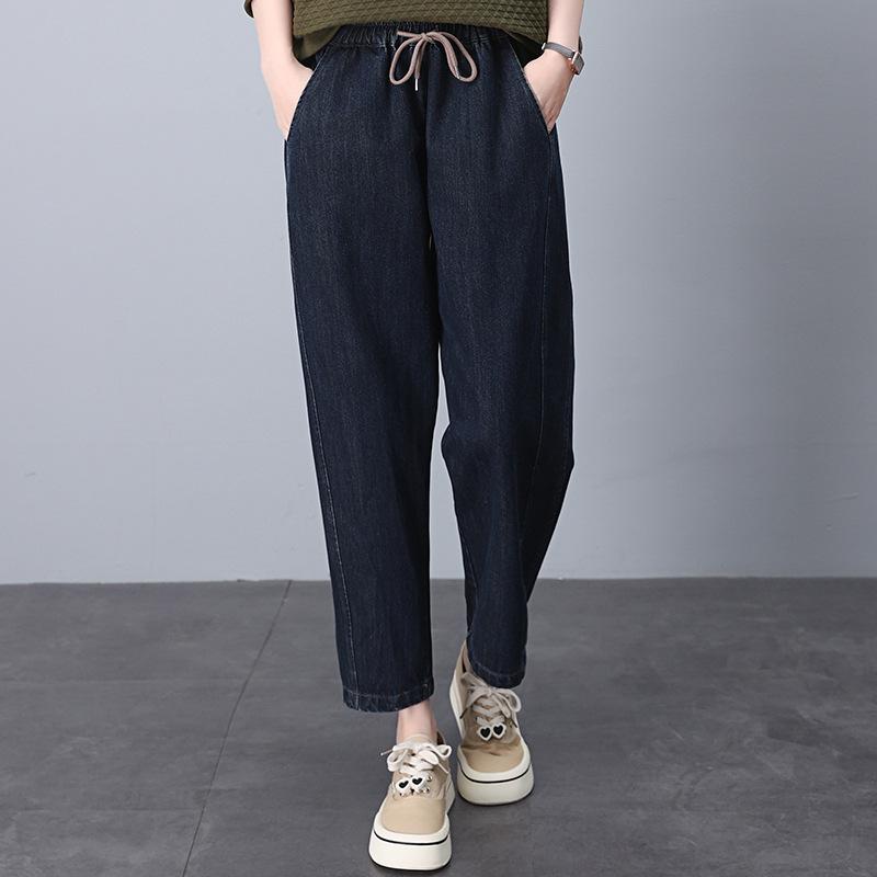 

Women s Loose Fit Elastic Waist Straight-Leg Jeans - Korean Style, Plus Size, Solid Color for Spring & Autumn 2024. XXL (recommended 140-155 kg)