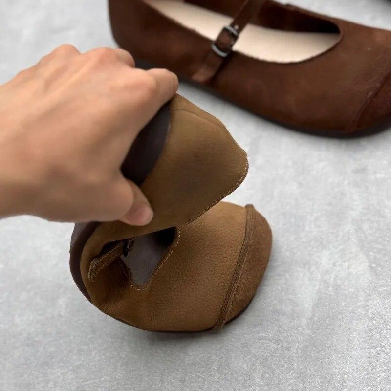 Johnature Echtes Leder quadratische Zehen Schnalle Riemen Frauen flache Schuhe handgefertigte einfarbig weiche Sohle Schuhe